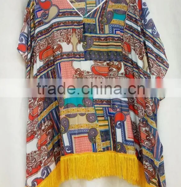 Hot Sale Ladies' Fashion Floral Printed Kimono With Tassel Viscose Cotton Soft Blouses photo-2