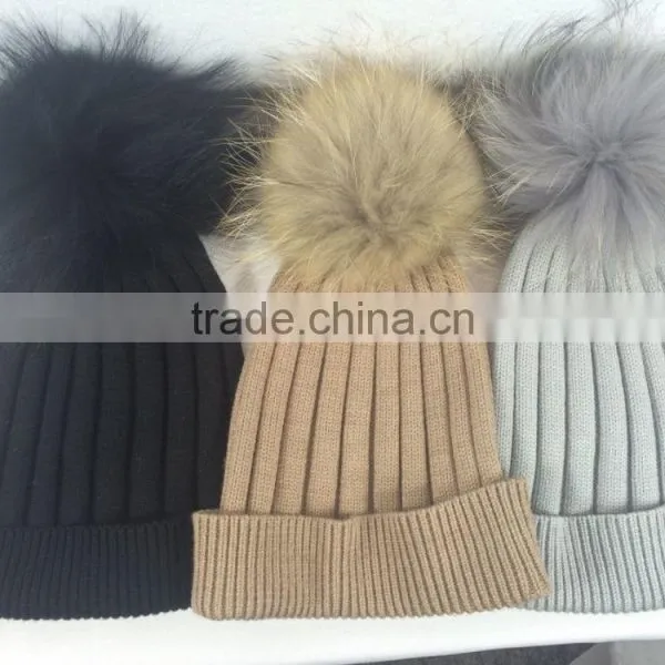 Custom Fashion Real Raccoon Fur Pom Pom Hat Beanie Cap Winter Knitted Hat for Women and Baby Free Samples photo-5