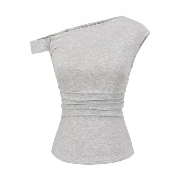 Sunset Women's Summer Vest 2025 Spring and Summer Design Sense Oblique Shoulder Fold Waist Irregular T-shirt Top Women photo-4