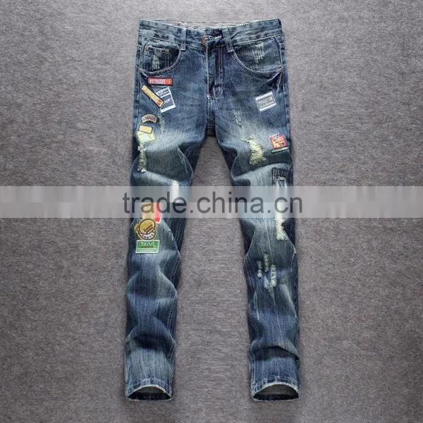 Men Gender High Quality Ripped Patch Badges Embroiered Pattern Jeans Trousers Long Pants