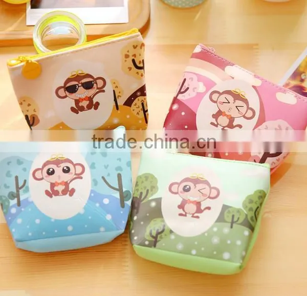 New Fashion PU Leather Zipper Lovely Monkey Printing Pouch Wallet Fancy Promotional Gift Plastic Handbag Euro Coin Purse