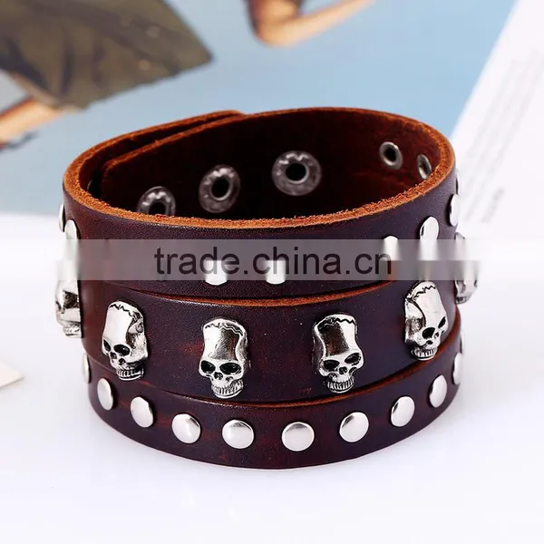 Fashion Men Jewelry Cow Rivet Skull Charms Leather Bracelet photo-4
