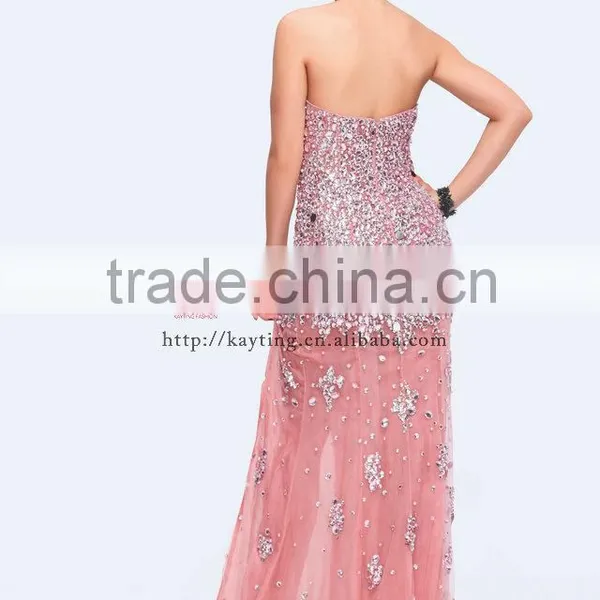 2014 Latest Design Off-shoulder Sexy High Slit Pink Evening Dress Celebrity Evening Dress photo-3