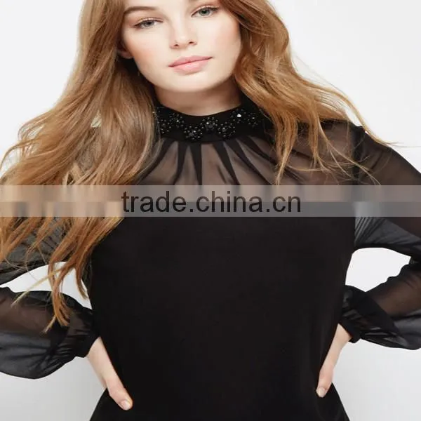 Custom Clothing Sample Summer Ladies Dresses Long Sleeve Black Beaded Plus Size Women Dress