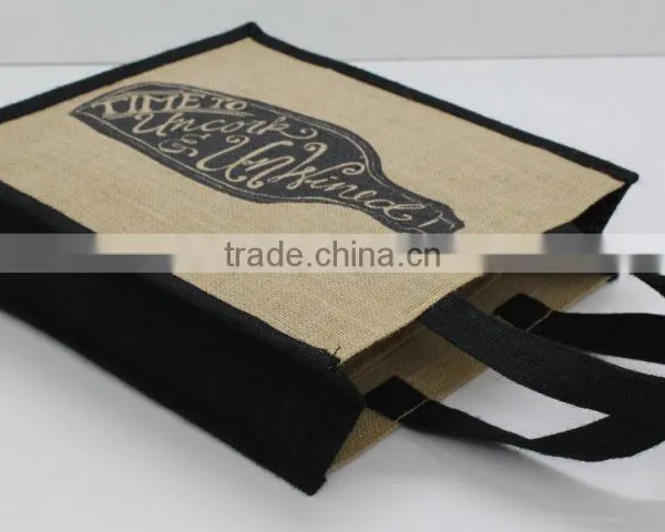 Recycled Jute Fabric Three Bottle Wine Bag With Jute Self Handle photo-4