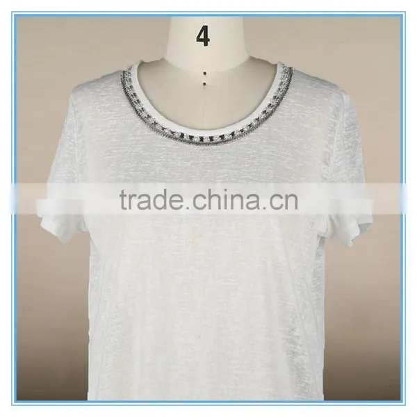 Fashion Woman Korean Lace Linen Fabric Blouse Beaded Neck Design photo-4