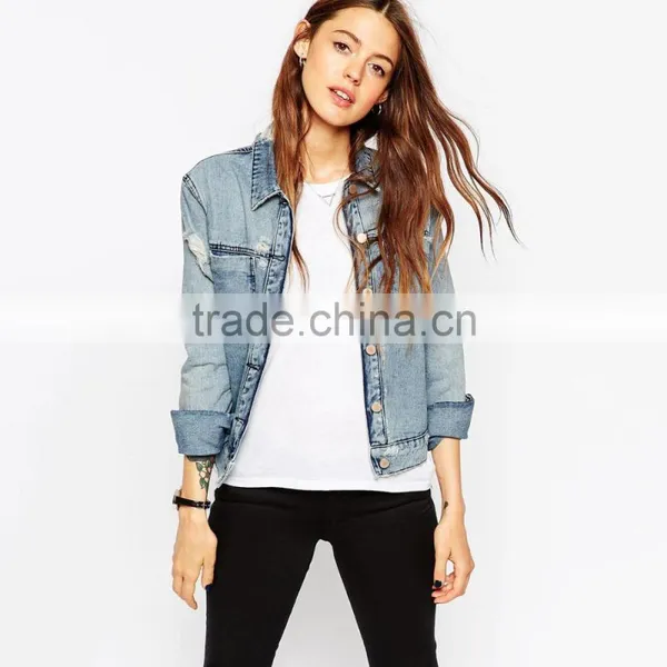 Ripped Light Blue Cool Women Parka Jacket Custom Designs