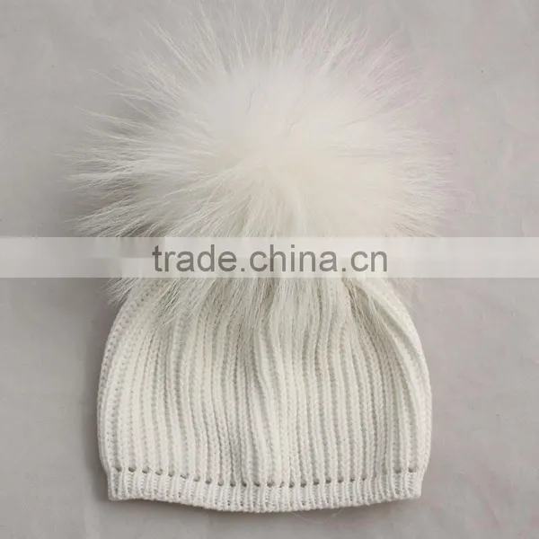 Myfur Baby Knitted Beanie Hat With Removable White Raccoon Fur Pom Poms Wholesale photo-4