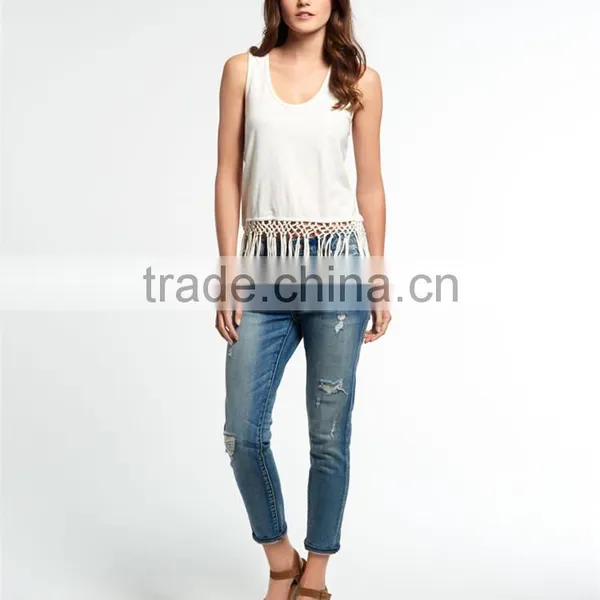 2016 Guangzhou Shandao Fashion Design Summer Casual Sleeveless Tassels Bottom Round Neck White Cotton New Style Top For Girls photo-2