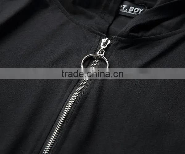 Men Black Zipper o Ring Hip Hop t Shirt With Hood photo-4