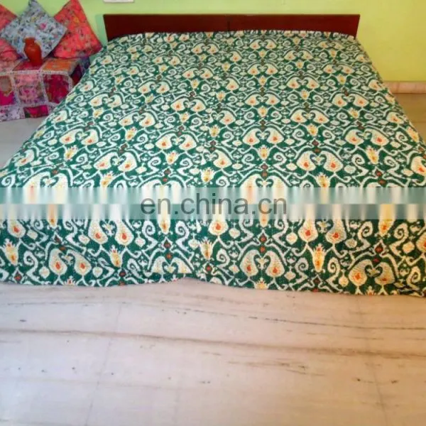 Ikat Kantha Quilt Green Kantha Quilt Ikat Quilt Indian Ikat Blanket Bedspread photo-2