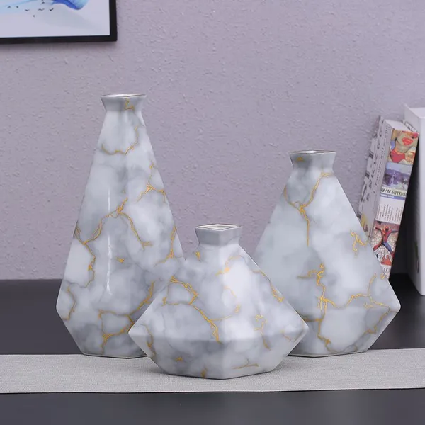 Gold Marble Stripe Sculpture Stone Triangular Conical Covered Flask Ceramic Vase For Living Room photo-2