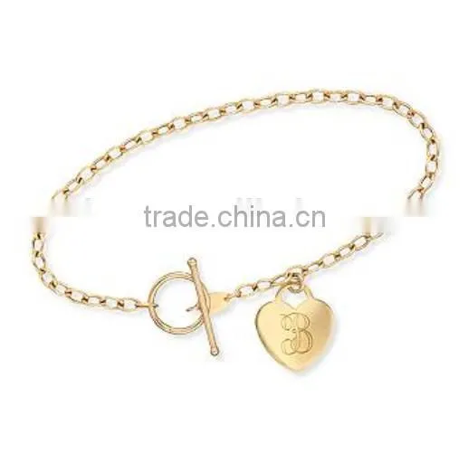 14K Yellow Gold Heart Charm Bracelet Monogram Bangle