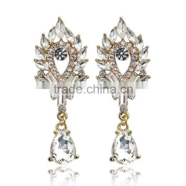 Korean Wind Women Crystal Rhinestone Leaves Water Drop Earrings Wedding Gift photo-6