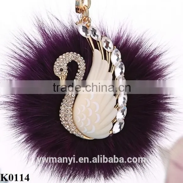 Hot Luxury Car Rhinestone Fox Fur Ball Key Chain Women's Car Keychain Plush Fur Ball Swan Keychain Charm Colored Key Chain K0114 photo-3