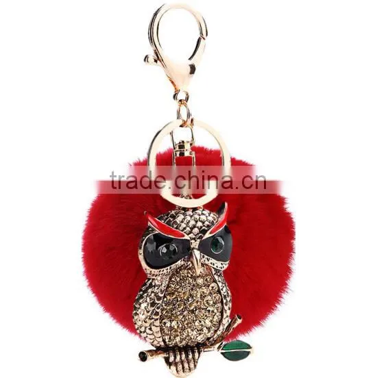 Factory High Quality Rhinestone Enamel Owl Keychain With Plush Ball photo-2