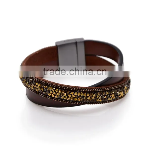 50PC Fashion Double Wrap Leather Bracelet Black Brown Crystal Leather Bangle Magnet Clasp photo-2