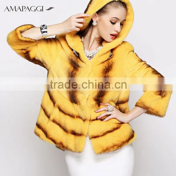 Hot Sale Yellow Cross Mink Coat With Hood Women Warm Fur Coat for Winter