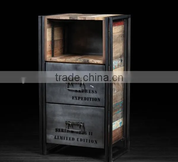 2 Drawers Metal Legs Wood Top Vintage Drawer Cabinet photo-2
