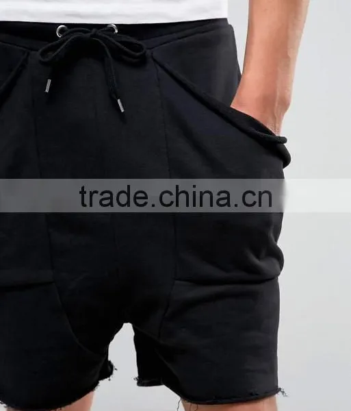 High Quality New Design Custom Raw Hem Drawstring Waist 100% Cotton Breathable Black Men's Sweat Big Side Pockets Fashion Shorts photo-3