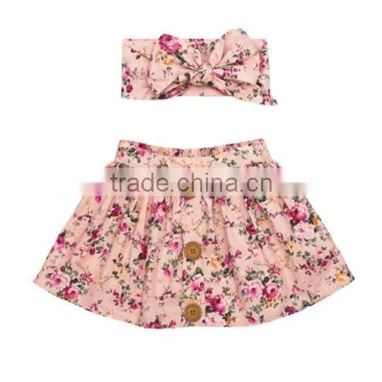 Summer Blue Flower Printed Dress Buttons Design Kids Clothes With Headband photo-3