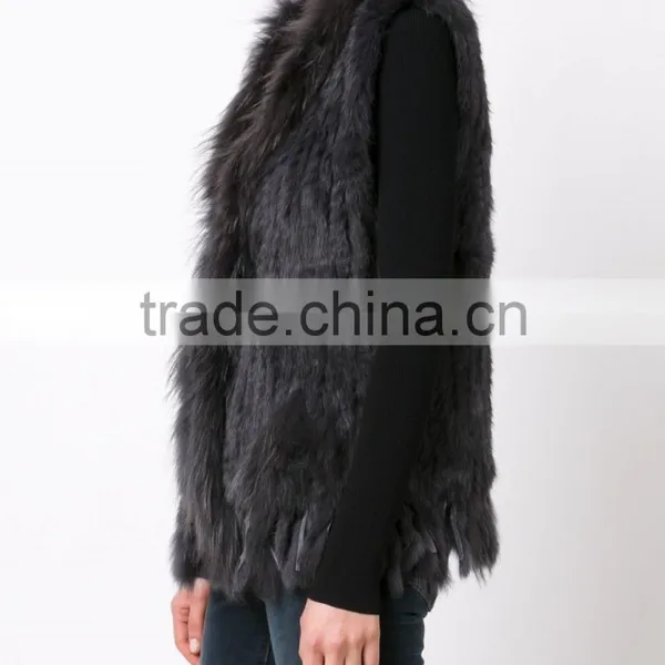 YR006A New Arrive Real Rabbit and Raccoon Hand Knit Vest With Tassels Top Sales Fur Gilet photo-3