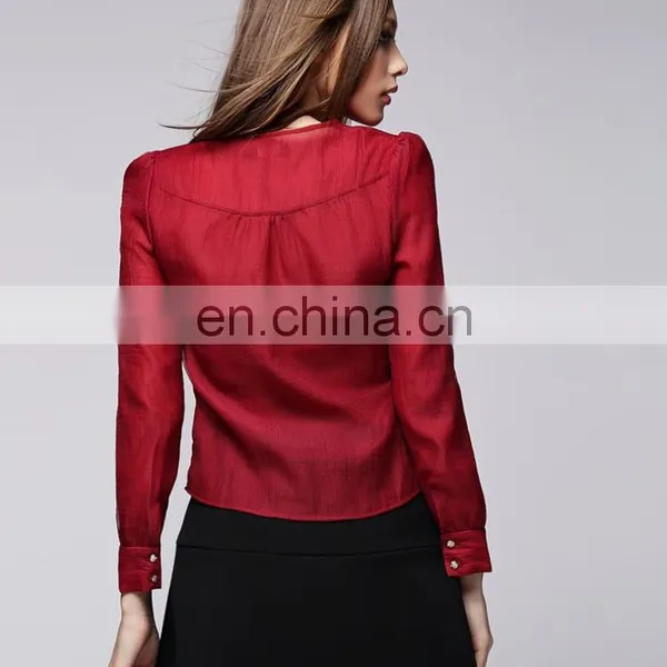 Fashion Red Color Bowknot Round Neck Lond Sleeves Office Lady Linen Shirt Blouse photo-4