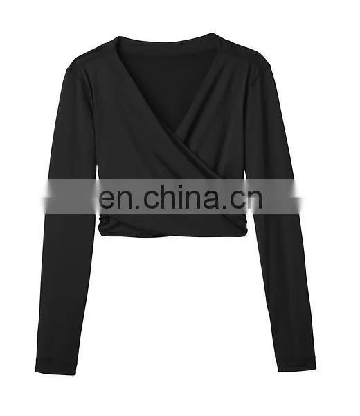 Ladies Solid Black Swimming Wear Long Sleeve Cross Front Crop Rash Guard photo-3