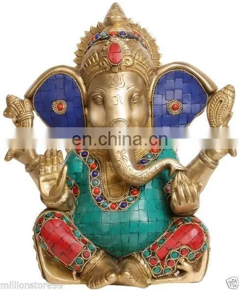 Hindu GOD Ganesh Ganesha Blessed Statue 10.5" Brass Stone Work Figure Hindu Art 5.24KG Good Luch Charm LOrd Ganesha Ethnic Decor
