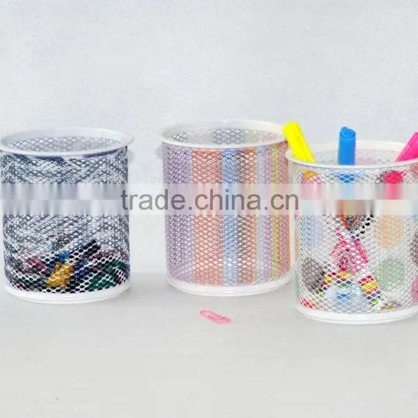 Office Stationery Metal Mesh Round Pen Holder Colorful Printed Pencil Cup