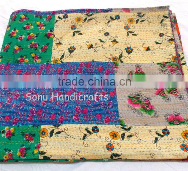 Handmade Patchwork Kantha Bedspread Printed Kantha Quilt Queen Size Made By Artisians of India Printed Patches With Hand Kantha photo-3