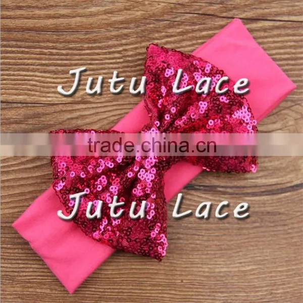 Fancy Sequin Bowkont Headwraps - Wide Cotton Fabric Big Bow Elastic Headband photo-2