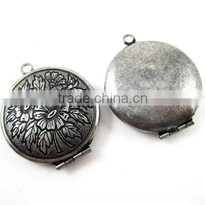27mm Antiqued ox Silver Plated Brass Flower Engraved Vintage Style Round Photo Locket Pendant Charm Supplies 1113005 photo-2