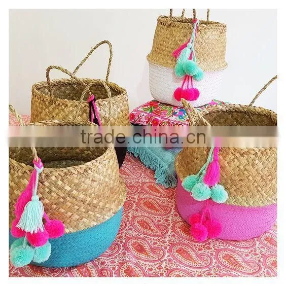 Colorful Pompom Seagrass Beach Bag With Handle photo-5
