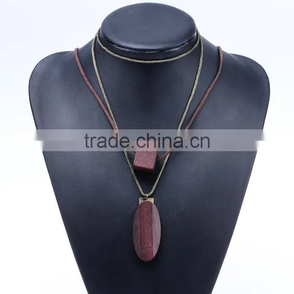 Multi Strand Geometric Wood Bead Pendant Necklace Long Wooden Beads Sweater Necklace Layered Suede Leather Chain Necklace photo-2
