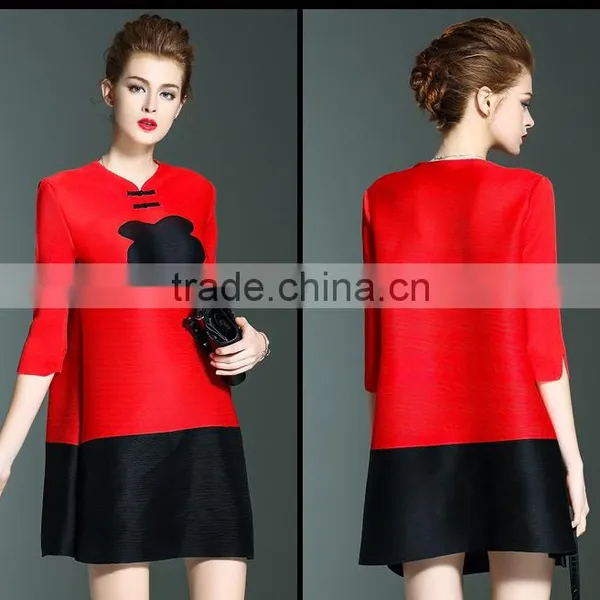 Retro Pleat Chinoiserie Printed Ladies Large Size Dress With Two Buttons photo-6