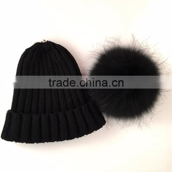 Myfur Fashion Detachable Raccoon Fur Pom Poms Knit Beanie Cap for Adults photo-3