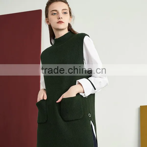 2017 New Design Women Green Color Vest Sweater Stand Collar Side Vent Sweater photo-3