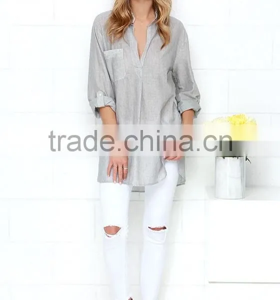 Loose Short Sleeve With Pocket Striped Design Lady Blouse photo-3