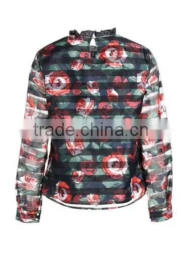 New Female Perspective Stripe Flower Print Loose Long-sleeved Shirt photo-3