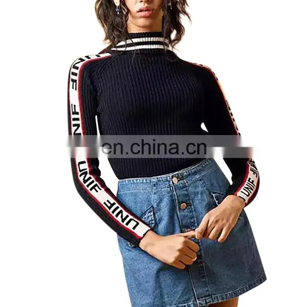 2017 Elasticity High Neck Knitted Jumpers Printed Black Sweater Winter Women photo-3
