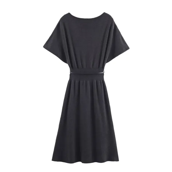 2025 New Fashionable Elegant Women's Mid-Length Knit Dress With Belt photo-3