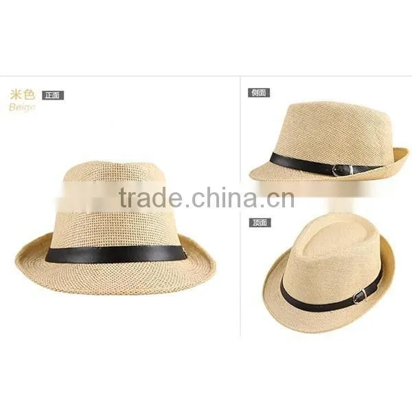 2015 Hot Sell Blank Boys Summer Straw Hat Fedora Hat Paper Straw Hat Fedora With Button 6colors photo-3