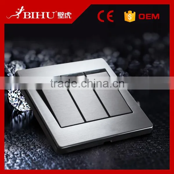 Modern Design Durable Wall Switch BIHU Stainless Steel Panel 3 Gang 1 Way Switch