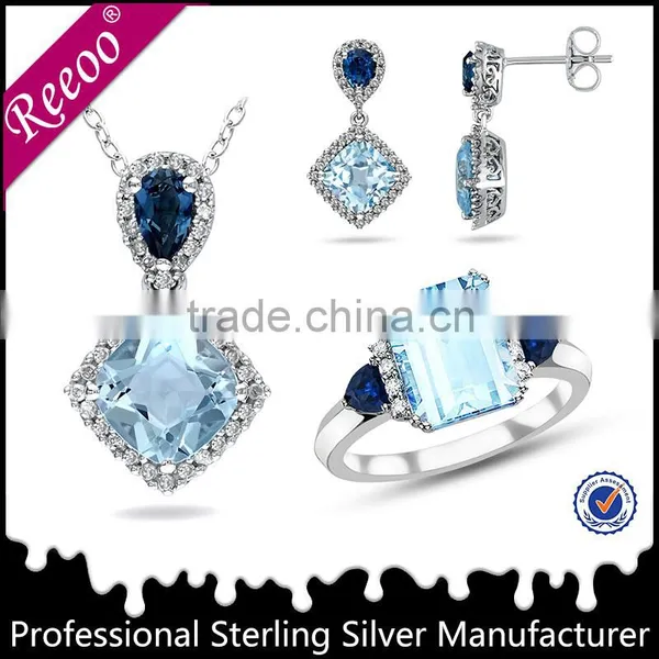 925 Silver Blue Topaz Color CZ Princess Set Eternity Band Ring photo-3