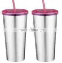 600ml/700ml Stainless Steel Inner Plastic Outer Steel Double Layer Cup With Straw photo-2