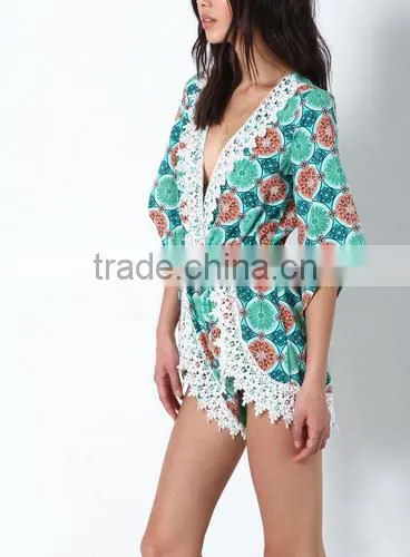 Summer Deep V-neck Back With One Button Fruity Green Crochet Plunge Crepe Romper Short Print Sexy Jumpsuit photo-3