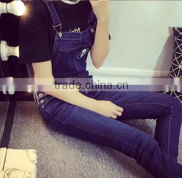 Spring Dark Blue Overalls Siamese Slim Influx of Female Feet Hole Jeans Pants Collapse Was Thin Pants Suspenders photo-4