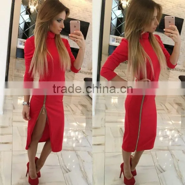 Autumn Sexy Women's High Collar Slim Ladies Long Sleeves Bottom Zipper Zipper Slit Sexy Bodycon Office Dress photo-2