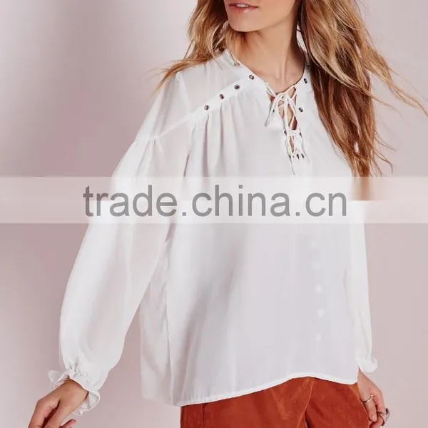 Latest Design Korean Style Fashion Women Blouse O-neck Chiffon Style Blouse photo-2